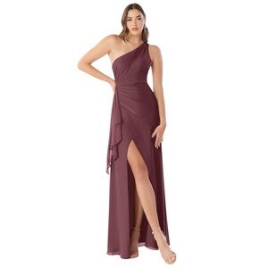 Azazie Maive One-Shoulder Sangria Sheath Pleated Ruffle Chiffon Dress
